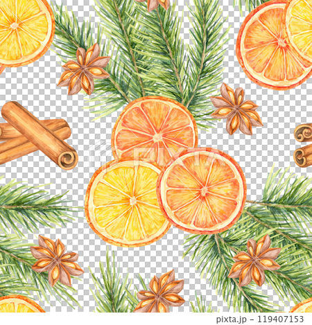 Oranges, cinnamon, star anise, and pine branches. Watercolor seamless pattern. Festive Clipart for use in holiday-themed textiles, wrapping paper, or food-related seasonal product packaging Oranges, cinnamon, star anise, and pine branches. Watercolor seamless pattern. Festive Clipart for use in holiday-themed textiles, wrapping paper, or food-related seasonal product packaging 119407153