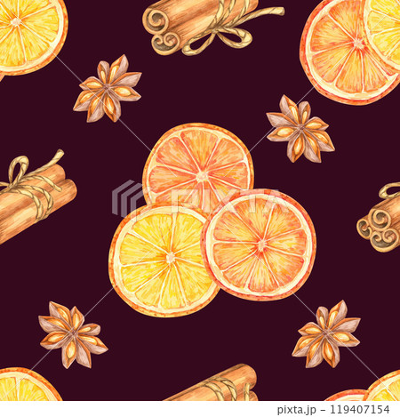 Citrus slices, anise and cinnamon sticks on dark red background. Seamless pattern watercolor clipart for seasonal fabrics, wrapping paper, or festive product packaging 119407154