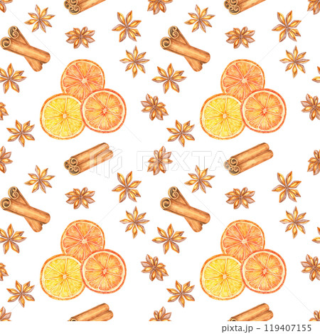 Watercolor oranges, cinnamon sticks, and star anise clip arts. Festive seamless pattern can be used for seasonal product packaging, fabric designs, or wallpaper for a culinary-themed space 119407155