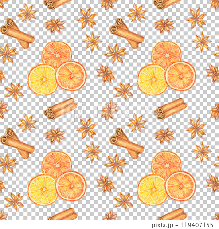 Watercolor oranges, cinnamon sticks, and star anise clip arts. Festive seamless pattern can be used for seasonal product packaging, fabric designs, or wallpaper for a culinary-themed space 119407155