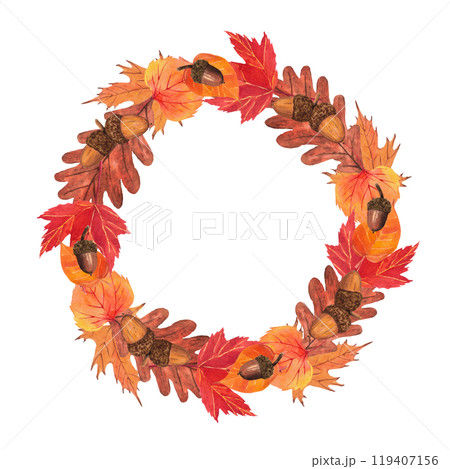 Fall frames with hand-drawing watercolor illustration of leaves and acorns. Fall frames with hand-drawing watercolor illustration of leaves and acorns. 119407156
