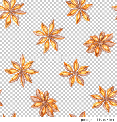 Star anise in shades of brown and orange. Watercolor seamless pattern. Spice fabric clipart is perfect for textiles, wallpaper, and packaging designs, especially for food or holiday-themed products 119407164