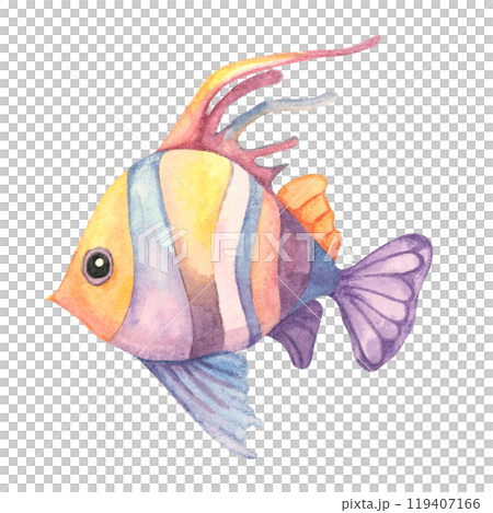 A vibrant fish with purple and yellow fins in watercolor. This tropical fish isolated illustration is great for childrens designs, ocean themed merchandise, or playful aquatic prints on textiles A vibrant fish with purple and yellow fins in watercolor. This tropical fish isolated illustration is great for childrens designs, ocean themed merchandise, or playful aquatic prints on textiles 119407166