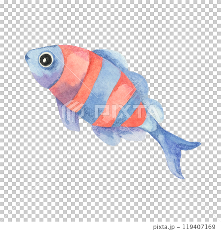 A tropical fish in soft blue and pink stripes. Hand drawn Clownfish. Isolated watercolor clipart for childrens projects, aquatic themed party decor, or ocean inspired designs for fabric and stationery 119407169