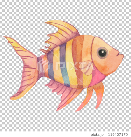 A colorful fish featuring pink, yellow, and orange stripes. Angelfish. Isolated watercolor clipart for nursery, childrens books, or aquatic themed merchandise for a vibrant and fun design 119407170