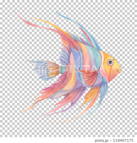 Tropical fish in watercolor with blue, orange, and pink stripes. Threadfin butterflyfish isolated clipart is ideal for childrens illustrations, aquatic themed posters, or whimsical undersea designs. Tropical fish in watercolor with blue, orange, and pink stripes. Threadfin butterflyfish isolated clipart is ideal for childrens illustrations, aquatic themed posters, or whimsical undersea designs. 119407175