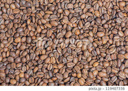Coffee background. Roasted coffee beans. 119407336
