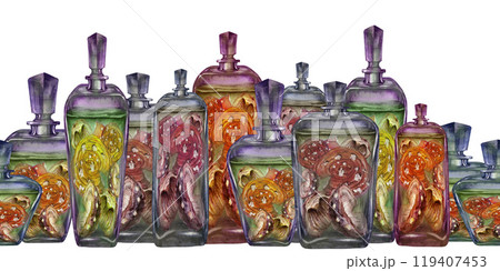 Seamless border of glass vintage bottle with liquid and poisonous mushrooms fly agarics. Watercolor illustration template for magic potion, alchemy, Halloween, medicine, fairy dreams, aromatherapy Seamless border of glass vintage bottle with liquid and poisonous mushrooms fly agarics. Watercolor illustration template for magic potion, alchemy, Halloween, medicine, fairy dreams, aromatherapy 119407453