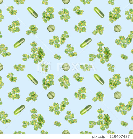 A watercolor illustration featuring a detailed seamless pattern of Chlorella algae cells, seaweed pills and capsules on light blue background. Ideal for cosmetics packaging, supplement advertising A watercolor illustration featuring a detailed seamless pattern of Chlorella algae cells, seaweed pills and capsules on light blue background. Ideal for cosmetics packaging, supplement advertising 119407487