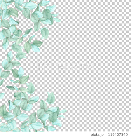 Eucalyptus leaves creating a half-frame along one side, with the other side left blank for text. Watercolor clipart frame, ideal for designing greeting cards, promotional posters, or business branding 119407540