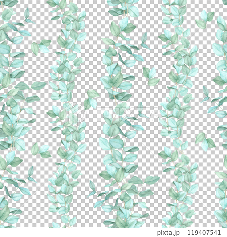 Vertical green eucalyptus branches with leaves in a background. Seamless pattern, watercolor clipart. Suitable for wrapping paper, fabric designs, and stationery, offering a fresh botanical element 119407541
