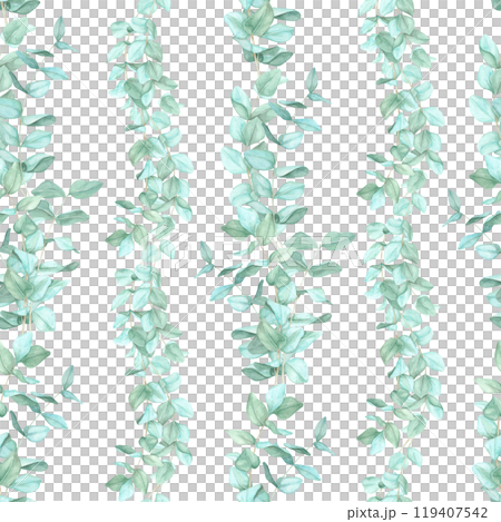 Green eucalyptus branches arranged vertically. Seamless pattern, watercolor clipart. Ideal for home decor textiles, wallpaper, and gift wraps, offering a nature-inspired design for products Green eucalyptus branches arranged vertically. Seamless pattern, watercolor clipart. Ideal for home decor textiles, wallpaper, and gift wraps, offering a nature-inspired design for products 119407542