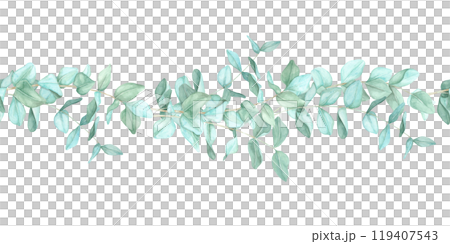 Eucalyptus branches with green leaves forming a simple horizontal border. Seamless border, watercolor clipart. Suitable for wedding invitations, social media graphics, or fabric trims Eucalyptus branches with green leaves forming a simple horizontal border. Seamless border, watercolor clipart. Suitable for wedding invitations, social media graphics, or fabric trims 119407543