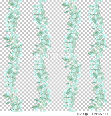 Vertical green eucalyptus branches in rows. Seamless pattern, watercolor clipart. Perfect for wrapping paper, curtains, and decorative pillows, adding a nature-inspired design to home products Vertical green eucalyptus branches in rows. Seamless pattern, watercolor clipart. Perfect for wrapping paper, curtains, and decorative pillows, adding a nature-inspired design to home products 119407544