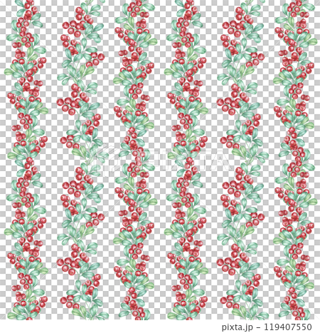 Red berries and green leaves arranged in a seamless pattern. Cranberry or lingonberry clipart. This watercolor illustration is ideal for stationery, holiday cards, and product packaging Red berries and green leaves arranged in a seamless pattern. Cranberry or lingonberry clipart. This watercolor illustration is ideal for stationery, holiday cards, and product packaging 119407550