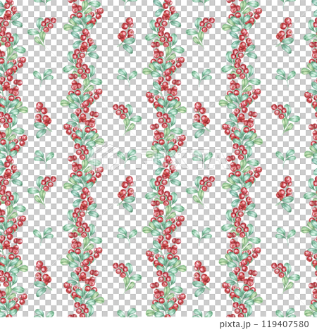 A delicate arrangement of red berries and soft green leaves in vertical rows. This seamless pattern cranberry watercolor clipart is ideal for fabric designs, gift packaging, or wedding invitations 119407580