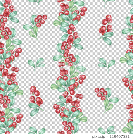 Red berries and green leaves aligned vertically in a seamless pattern design. This cranberry watercolor pattern can be used for holiday invitations, wrapping paper, or product packaging 119407581