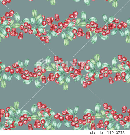 Featuring red cranberries and green foliage against a soft teal background, this seamless watercolor pattern is ideal for creating product packaging, holiday decor, and custom fabric designs Featuring red cranberries and green foliage against a soft teal background, this seamless watercolor pattern is ideal for creating product packaging, holiday decor, and custom fabric designs 119407584