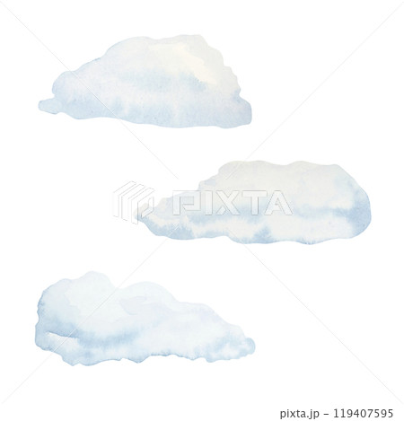 Three light blue snow clouds in varying sizes. Hand drawn watercolor clipart. Isolated illustration for creating winter-themed designs, festive holiday decor, Christmas cards, or seasonal banners 119407595