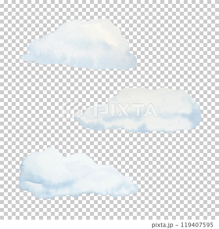 Three light blue snow clouds in varying sizes. Hand drawn watercolor clipart. Isolated illustration for creating winter-themed designs, festive holiday decor, Christmas cards, or seasonal banners 119407595