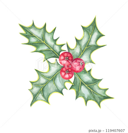 A trio of holly berries and green leaves illustrated in watercolor. Use this ilex design for festive banners, social media posts, holiday e-cards, or custom holiday merchandise like mugs or ornaments 119407607