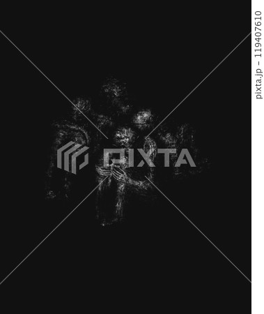 Four fearful creatures with a cross in their hands, Praying in total darkness, dark horror illustration Four fearful creatures with a cross in their hands, Praying in total darkness, dark horror illustration 119407610