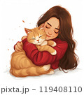 Young woman or brunette girl Hugging orange ginger Cat Illustration 119408110