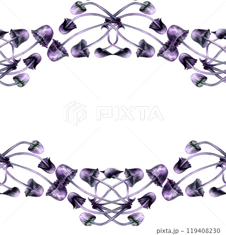 Seamless pattern with purple toadstools. Watercolor illustration of magic mushrooms in a realistic style on a white background. Template design element for Halloween prints, fairy tales Seamless pattern with purple toadstools. Watercolor illustration of magic mushrooms in a realistic style on a white background. Template design element for Halloween prints, fairy tales 119408230