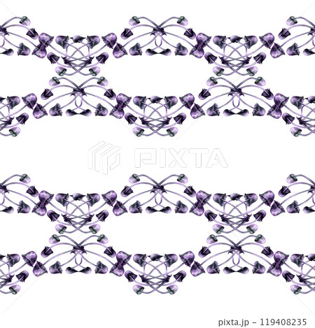 Seamless pattern with purple toadstools. Watercolor illustration of magic mushrooms in a realistic style on a white background. Template design element for Halloween prints, fairy tales Seamless pattern with purple toadstools. Watercolor illustration of magic mushrooms in a realistic style on a white background. Template design element for Halloween prints, fairy tales 119408235