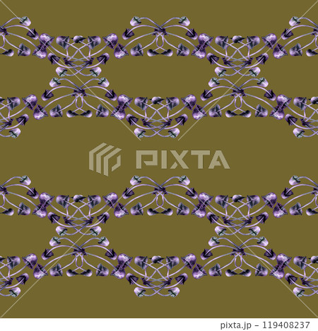 Seamless pattern with purple toadstools. Watercolor illustration of magic mushrooms in a realistic style on a green background. Template design element for Halloween prints, fairy tales 119408237