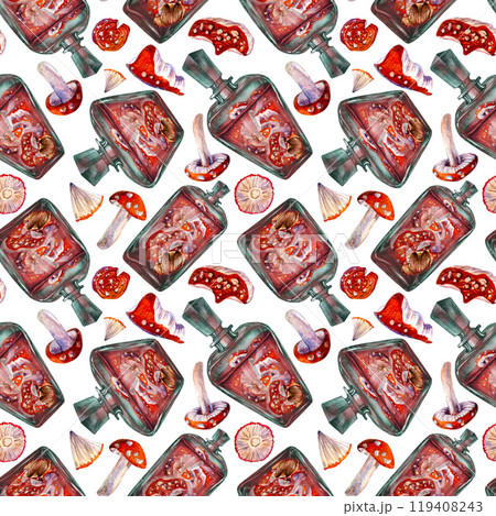 Seamless pattern of a glass vintage bottle with a drink and poisonous fly agaric mushrooms. Watercolor template for magic potion, drinks, Halloween, medicine, fairytale dreams, aromatherapy Seamless pattern of a glass vintage bottle with a drink and poisonous fly agaric mushrooms. Watercolor template for magic potion, drinks, Halloween, medicine, fairytale dreams, aromatherapy 119408243
