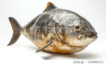 sunfish known scientifically as Mola mola rests on a white background highlighting its distinctive flattened body and large dorsal fin emphasizing its unique aquatic characteristics. 119408513