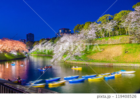 日本の東京都市景観 2色が競演…桜が満開になった千鳥ヶ淵。ライトアップされた桜などを望む…＝4月7日 119408526