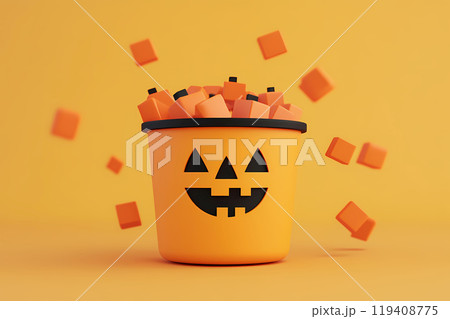 A fun Halloween bucket filled with colorful candy cubes on a bright yellow background. Celebrating Halloween A fun Halloween bucket filled with colorful candy cubes on a bright yellow background. Celebrating Halloween 119408775