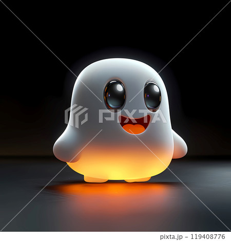 Adorable surprised smiling happy little ghost with backlight on black background. Happy Halloween concept Adorable surprised smiling happy little ghost with backlight on black background. Happy Halloween concept 119408776
