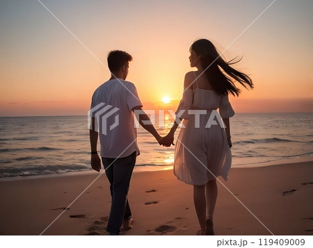 夕暮れの海で手をつなぐカップル 119409009