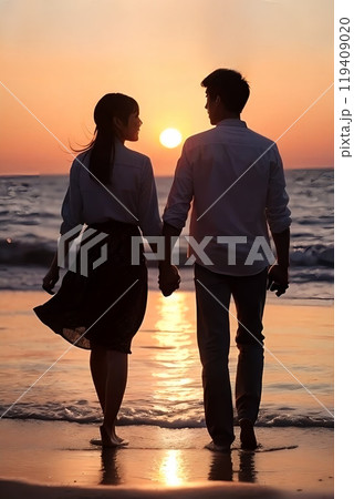 夕暮れの海で手をつなぐカップル 夕暮れの海で手をつなぐカップル 119409020