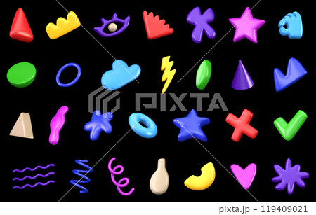 3D vector collection of different bright abstract realistic objects on dark color background. Variety of decorative multicolored decorative shapes. Set in 3d plastic cartoon style 3D vector collection of different bright abstract realistic objects on dark color background. Variety of decorative multicolored decorative shapes. Set in 3d plastic cartoon style 119409021