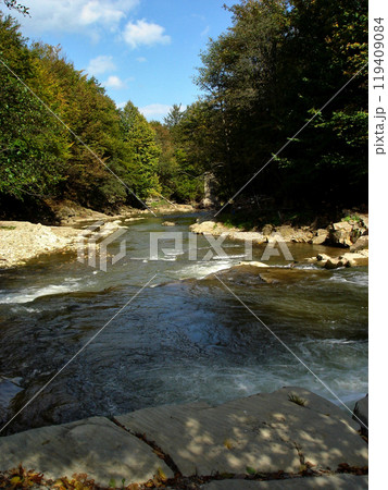 Mountain river flowing over stones among green trees against a blue sky with clouds 119409084