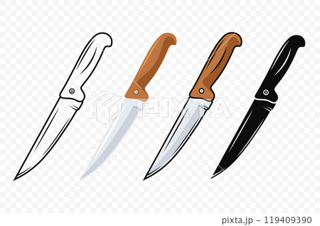 Vector Kitchen Knife Icon Set. Chef Knife with Sharp Blade, Kitchen Knife Design Templates. Outline, Colored, Silhouette Knife. Vector Illustration Vector Kitchen Knife Icon Set. Chef Knife with Sharp Blade, Kitchen Knife Design Templates. Outline, Colored, Silhouette Knife. Vector Illustration 119409390