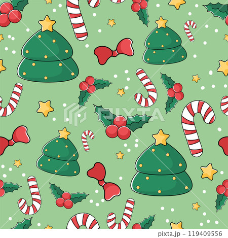 Christmas pattern with trees, candy canes, and holly berries, Vector Christmas pattern with trees, candy canes, and holly berries, Vector 119409556