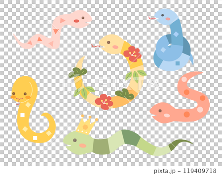 巳年の年賀状などにも使えるカラフルで可愛い蛇のキャラクターのイラストのセット 119409718