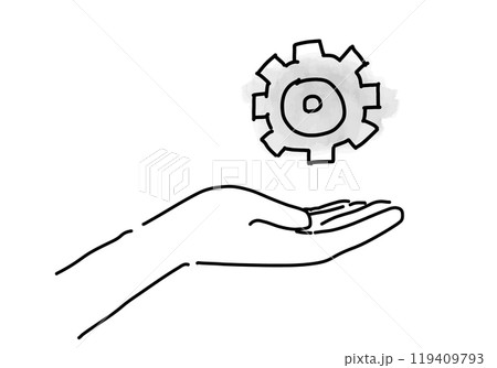 歯車アイコンと手のラフな手描きシンプル線画 歯車アイコンと手のラフな手描きシンプル線画 119409793