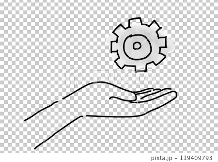 歯車アイコンと手のラフな手描きシンプル線画 歯車アイコンと手のラフな手描きシンプル線画 119409793