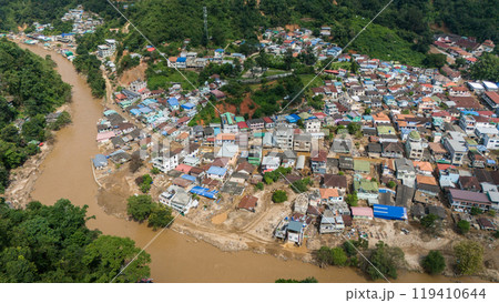 Aerial view of the local village in Tachileik the border town between Thailand and Myanmar having damaged after typhoon Yagi has swept Southeast Asia. Aerial view of the local village in Tachileik the border town between Thailand and Myanmar having damaged after typhoon Yagi has swept Southeast Asia. 119410644