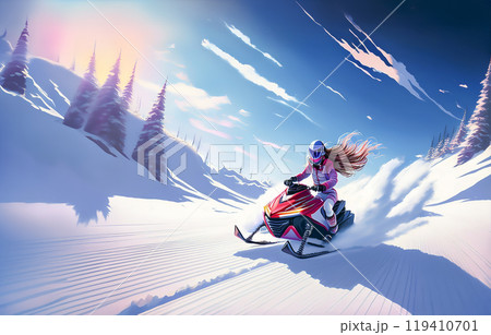 雪山をスノーモービルで走る女性のイメージ素材 雪山をスノーモービルで走る女性のイメージ素材 119410701