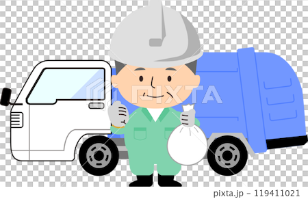 Illustration of a garbage truck and a senior man 119411021