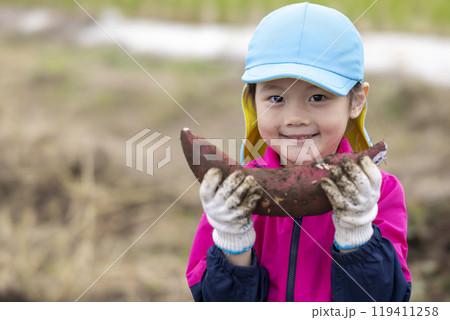 サツマイモを収穫する女の子 119411258