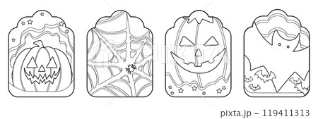 Set of isolated cute Halloween decoration elements for sticker, badge, tag or label on a transparent background, Volume 16: Black outline with white plain. 119411313