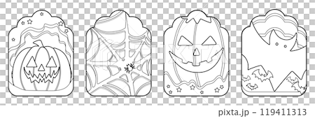 Set of isolated cute Halloween decoration elements for sticker, badge, tag or label on a transparent background, Volume 16: Black outline with white plain. 119411313